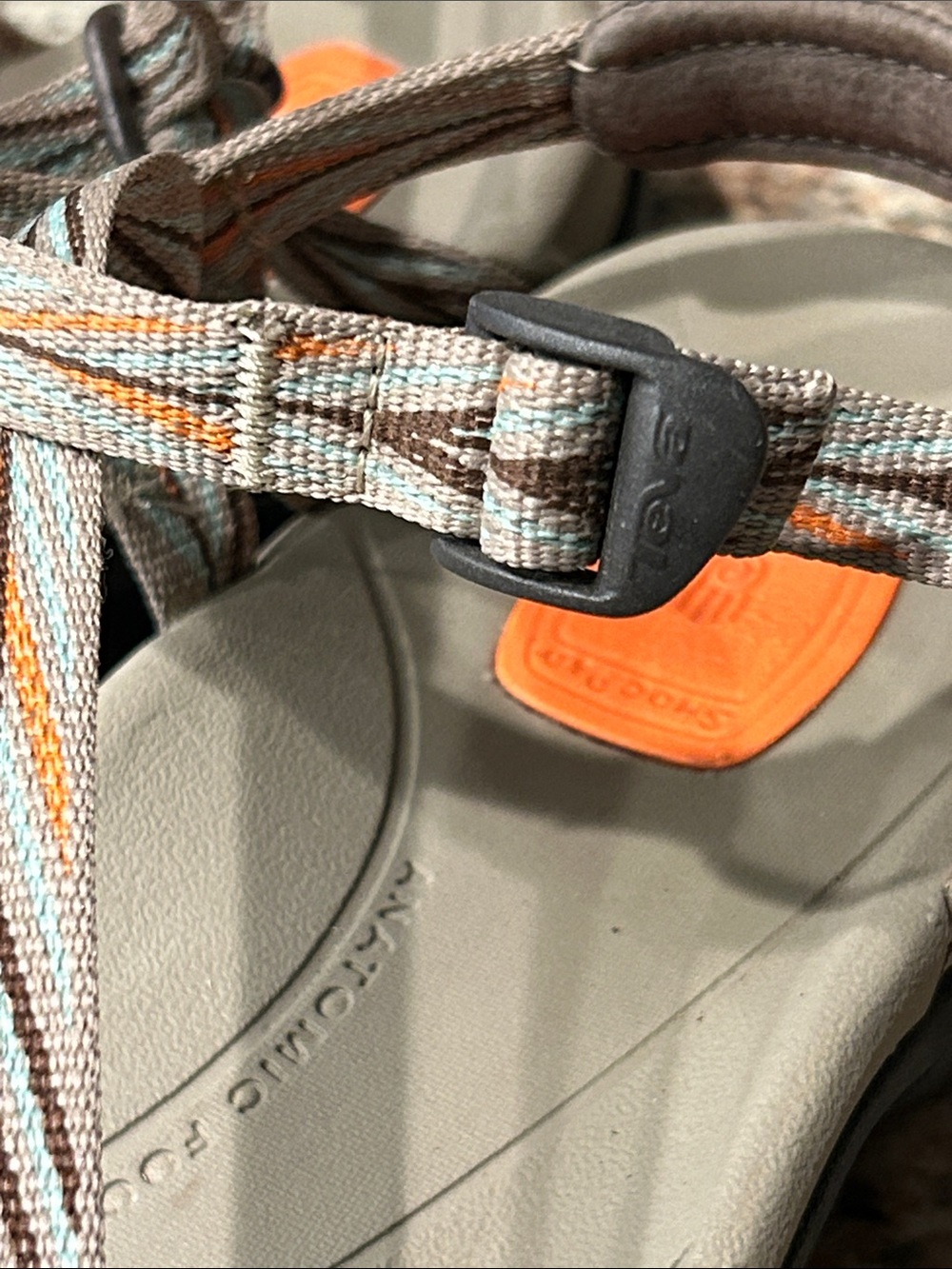 TEVA Women’s 8 Zirra Outdoor Slim Strappy Sandals in Tan w/Orange, brown Accents - Picture 6 of 10